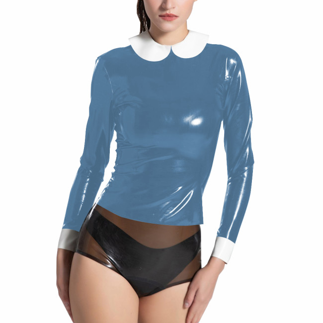 Chic Women's Peter Pan Collar Tops Glossy PVC Leather Contrast Long Sleeve Blouse Casual High Street Female T-shirts Clubwear