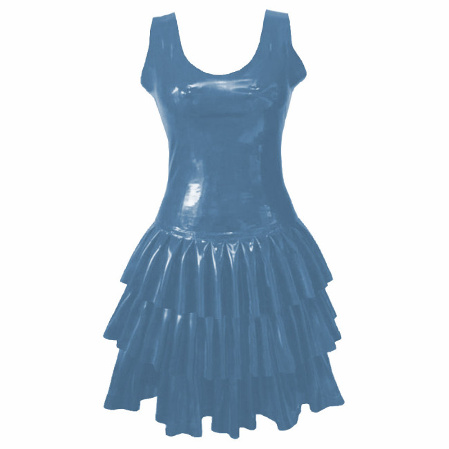 Womens PVC Patent Leather Multi-Layered Ruffled Mini Dress Club Sleeveless O-neck Wetlook Sundress Raves Party A-Line Tank Dress