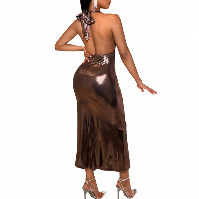 Sexy Deep V-neck Backless Halter Long Dress Women's Sleeveless High Waist Bodycon Slim Dress Liquid Metallic Evening Party Gown