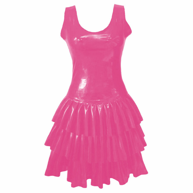 Womens PVC Patent Leather Multi-Layered Ruffled Mini Dress Club Sleeveless O-neck Wetlook Sundress Raves Party A-Line Tank Dress