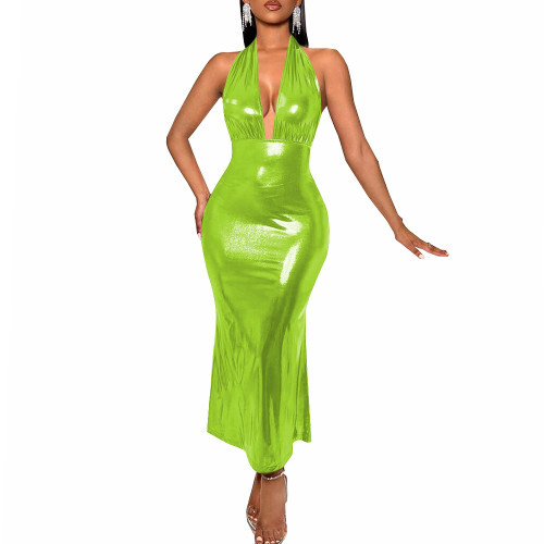 Sexy Deep V-neck Backless Halter Long Dress Women's Sleeveless High Waist Bodycon Slim Dress Liquid Metallic Evening Party Gown