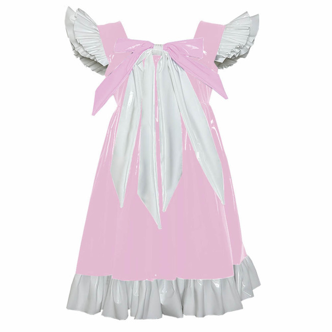 Cross-dresser Sweet Mini Dress Sissy Bow Front Ruffle Hem A-line Dress Lolita PVC Patent Leather High Waist Princess Party Dress