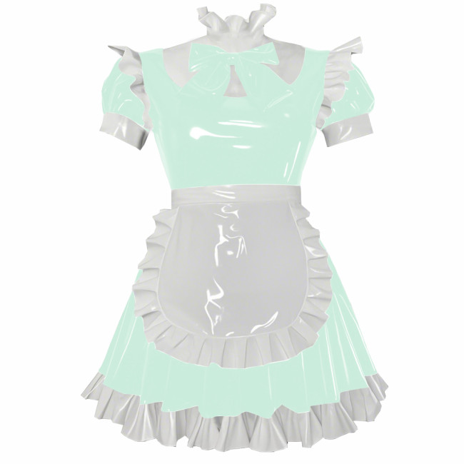 Party Cosplay Sweet Lolita Maid Uniforms Sissy Puff Short Sleeve Ruffles A-line Mini Dress with Apron Glossy PVC Fancy Outfits