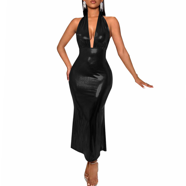 Sexy Deep V-neck Backless Halter Long Dress Women's Sleeveless High Waist Bodycon Slim Dress Liquid Metallic Evening Party Gown