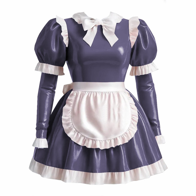 Sissy Lolita Style Maid Outfit Wetlook PVC Leather Bow Knots Pleated Maid Dress Lockable Long Sleeve Waitress Role Paly Uniforms