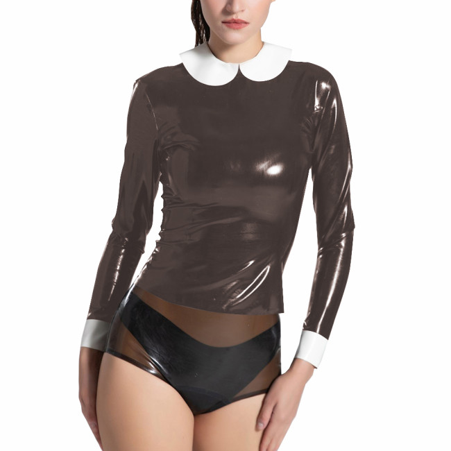 Chic Women's Peter Pan Collar Tops Glossy PVC Leather Contrast Long Sleeve Blouse Casual High Street Female T-shirts Clubwear