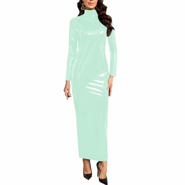 Women's Sexy Shiny Patent Leather Bodycon Dress Mock Neck Long Sleeve Stretch Vinyl PVC Ankle-Length Dress for Casual Streetwear