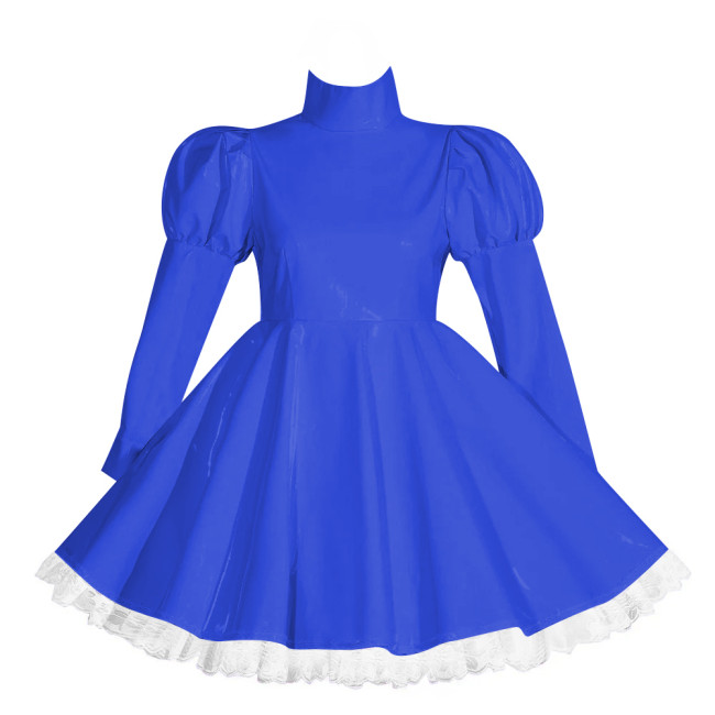Wetlook Lockable Turtleneck Short Dress Puff Sleeve High Waist Pleated Mini Dress Vinyl PVC Leather Outfits Rave Party Club Wear