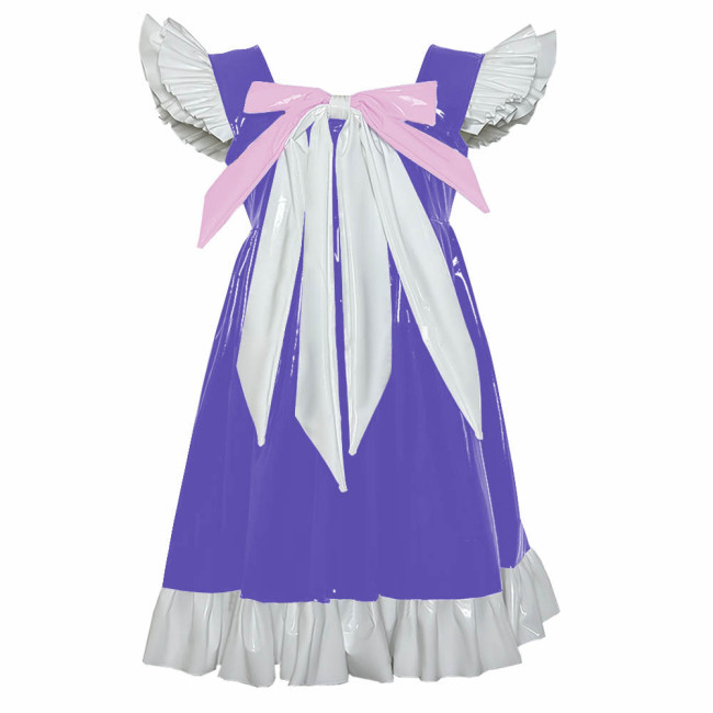 Cross-dresser Sweet Mini Dress Sissy Bow Front Ruffle Hem A-line Dress Lolita PVC Patent Leather High Waist Princess Party Dress