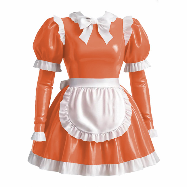 Sissy Lolita Style Maid Outfit Wetlook PVC Leather Bow Knots Pleated Maid Dress Lockable Long Sleeve Waitress Role Paly Uniforms