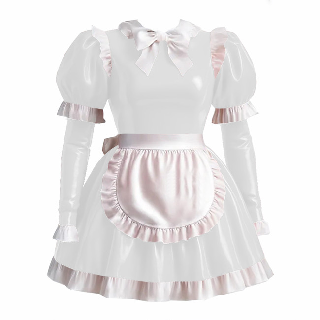 Sissy Lolita Style Maid Outfit Wetlook PVC Leather Bow Knots Pleated Maid Dress Lockable Long Sleeve Waitress Role Paly Uniforms