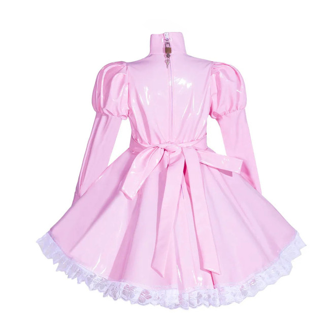 Wetlook Lockable Turtleneck Short Dress Puff Sleeve High Waist Pleated Mini Dress Vinyl PVC Leather Outfits Rave Party Club Wear
