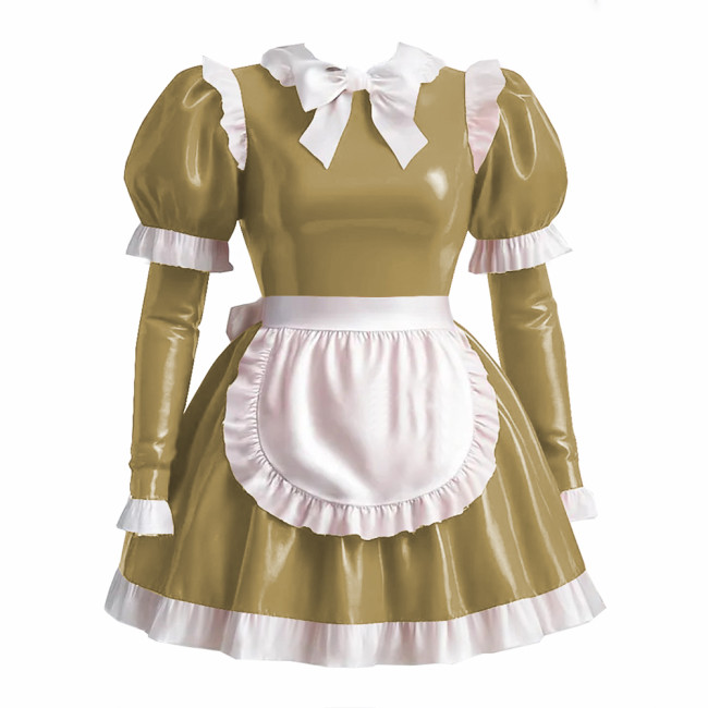 Sissy Lolita Style Maid Outfit Wetlook PVC Leather Bow Knots Pleated Maid Dress Lockable Long Sleeve Waitress Role Paly Uniforms