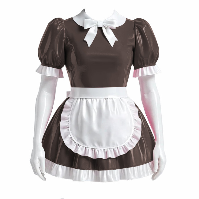 Sissy Bowtie French Maid Dress Outfit PVC Shiny Lockable Mini Maid Dress with Apron Crossdress Cosplay Fancy Maidservant Uniform