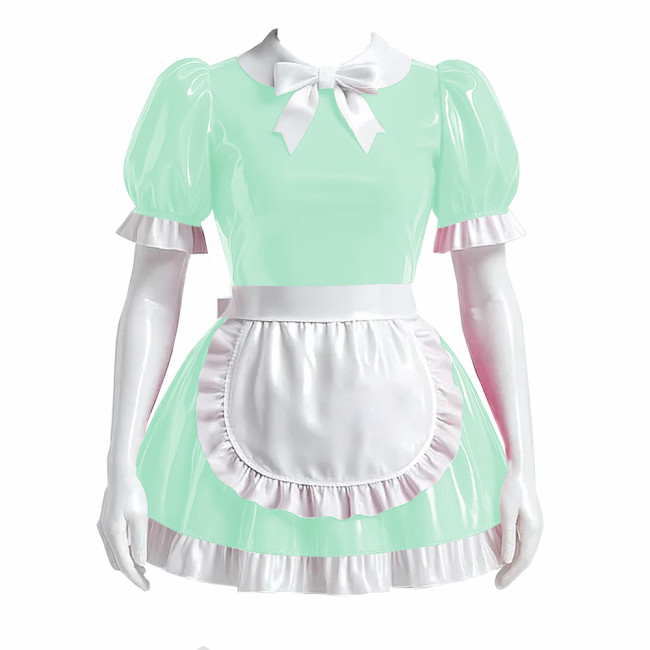 Sissy Bowtie French Maid Dress Outfit PVC Shiny Lockable Mini Maid Dress with Apron Crossdress Cosplay Fancy Maidservant Uniform