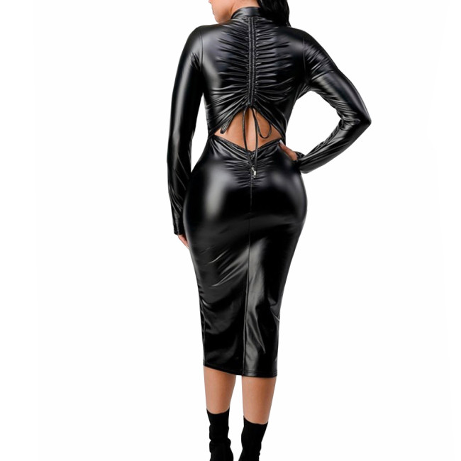Womens PU Matte Leather Tight Midi Dress Fashion Sexy Zipper Bodycon Dress with Adjustable Drawstring Back Club Party Vestidos