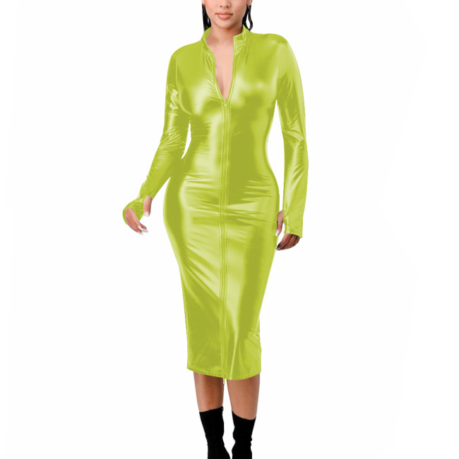 Womens PU Matte Leather Tight Midi Dress Fashion Sexy Zipper Bodycon Dress with Adjustable Drawstring Back Club Party Vestidos