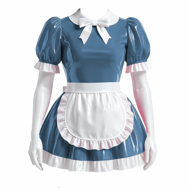 Sissy Bowtie French Maid Dress Outfit PVC Shiny Lockable Mini Maid Dress with Apron Crossdress Cosplay Fancy Maidservant Uniform
