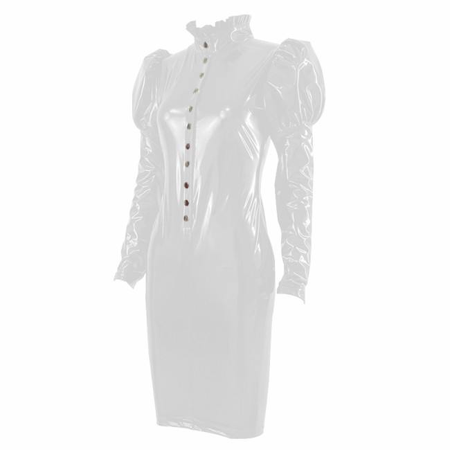 Elegant Glossy Women PVC Mini Dress Chic Ruffles High Neck Long Sleeve Buttons Bodycon Dresses Ladies Vinyl Leather Club Robe