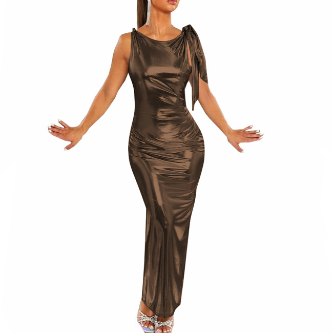 Shiny Sexy Sleeveless Round Neck Long Evening Dresses Liquid Metallic Party Women's Dresses Nightclub Slim Fit Elegant Vestidos