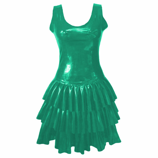 Womens PVC Patent Leather Multi-Layered Ruffled Mini Dress Club Sleeveless O-neck Wetlook Sundress Raves Party A-Line Tank Dress