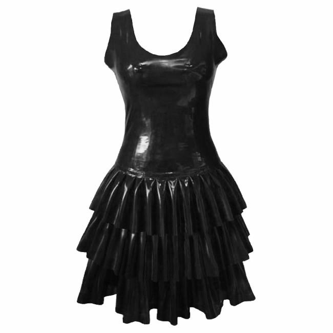 Womens PVC Patent Leather Multi-Layered Ruffled Mini Dress Club Sleeveless O-neck Wetlook Sundress Raves Party A-Line Tank Dress