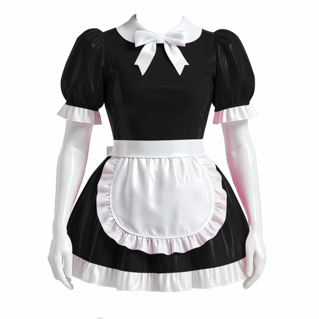 Sissy Bowtie French Maid Dress Outfit PVC Shiny Lockable Mini Maid Dress with Apron Crossdress Cosplay Fancy Maidservant Uniform