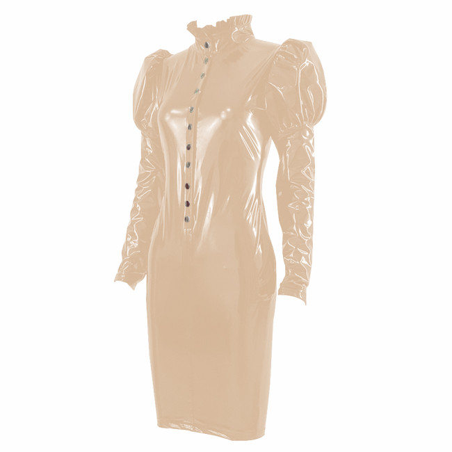 Elegant Glossy Women PVC Mini Dress Chic Ruffles High Neck Long Sleeve Buttons Bodycon Dresses Ladies Vinyl Leather Club Robe