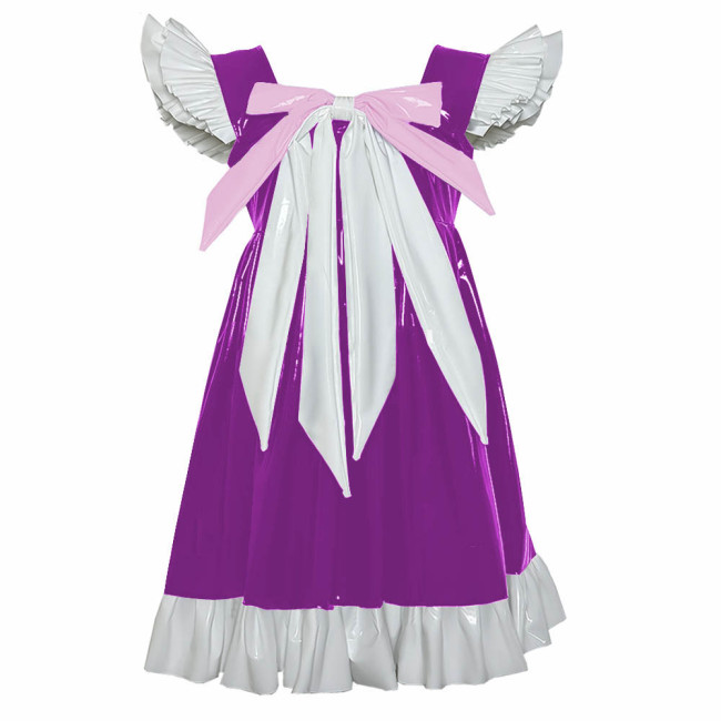 Cross-dresser Sweet Mini Dress Sissy Bow Front Ruffle Hem A-line Dress Lolita PVC Patent Leather High Waist Princess Party Dress