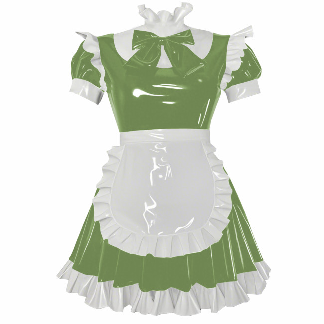 Party Cosplay Sweet Lolita Maid Uniforms Sissy Puff Short Sleeve Ruffles A-line Mini Dress with Apron Glossy PVC Fancy Outfits