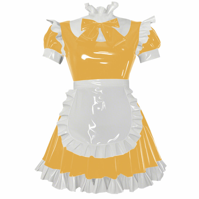 Party Cosplay Sweet Lolita Maid Uniforms Sissy Puff Short Sleeve Ruffles A-line Mini Dress with Apron Glossy PVC Fancy Outfits