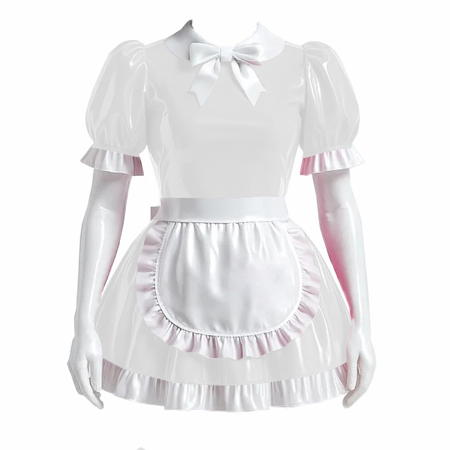 Sissy Bowtie French Maid Dress Outfit PVC Shiny Lockable Mini Maid Dress with Apron Crossdress Cosplay Fancy Maidservant Uniform