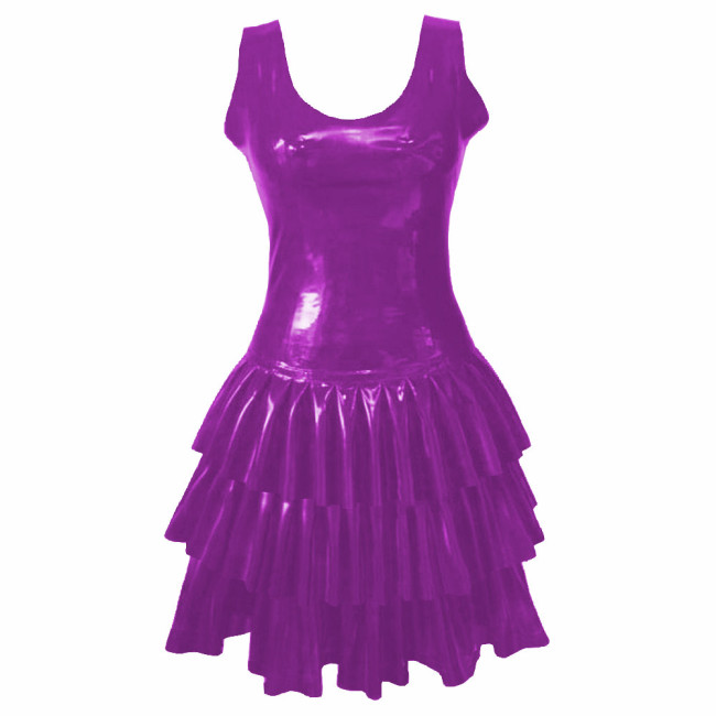 Womens PVC Patent Leather Multi-Layered Ruffled Mini Dress Club Sleeveless O-neck Wetlook Sundress Raves Party A-Line Tank Dress