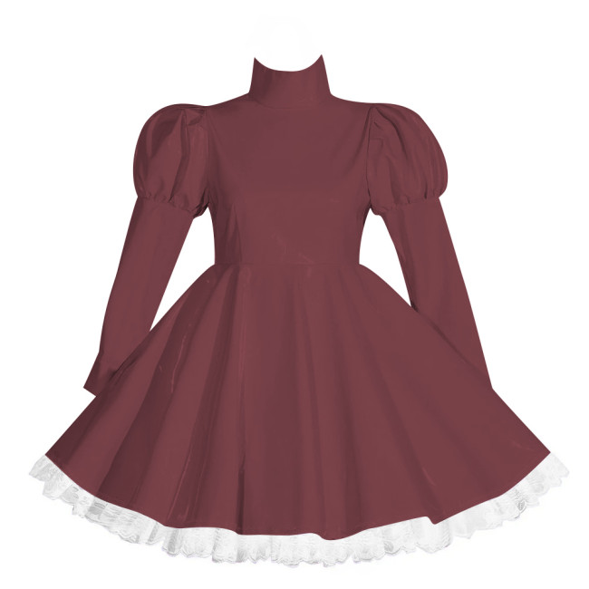 Wetlook Lockable Turtleneck Short Dress Puff Sleeve High Waist Pleated Mini Dress Vinyl PVC Leather Outfits Rave Party Club Wear