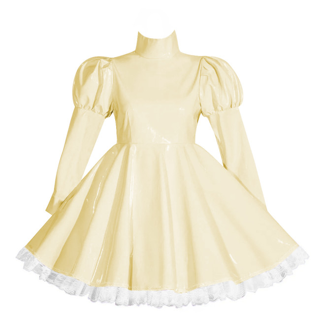 Wetlook Lockable Turtleneck Short Dress Puff Sleeve High Waist Pleated Mini Dress Vinyl PVC Leather Outfits Rave Party Club Wear