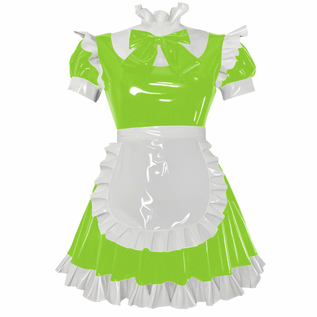 Party Cosplay Sweet Lolita Maid Uniforms Sissy Puff Short Sleeve Ruffles A-line Mini Dress with Apron Glossy PVC Fancy Outfits