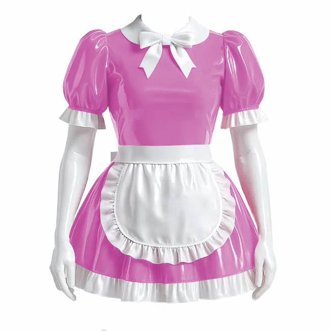 Sissy Bowtie French Maid Dress Outfit PVC Shiny Lockable Mini Maid Dress with Apron Crossdress Cosplay Fancy Maidservant Uniform