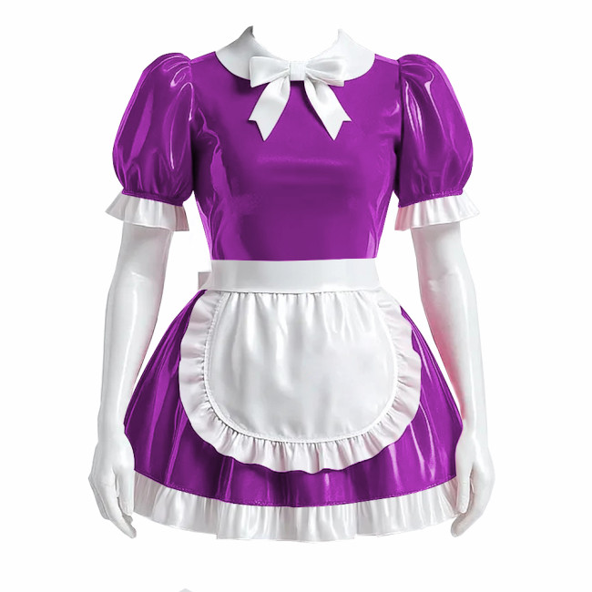 Sissy Bowtie French Maid Dress Outfit PVC Shiny Lockable Mini Maid Dress with Apron Crossdress Cosplay Fancy Maidservant Uniform