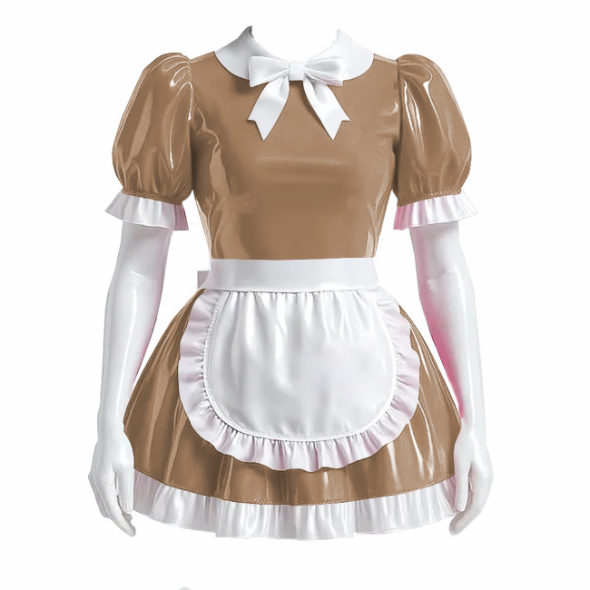 Sissy Bowtie French Maid Dress Outfit PVC Shiny Lockable Mini Maid Dress with Apron Crossdress Cosplay Fancy Maidservant Uniform