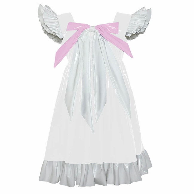 Cross-dresser Sweet Mini Dress Sissy Bow Front Ruffle Hem A-line Dress Lolita PVC Patent Leather High Waist Princess Party Dress