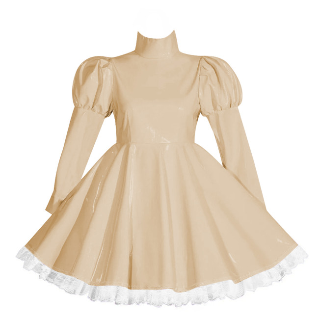 Wetlook Lockable Turtleneck Short Dress Puff Sleeve High Waist Pleated Mini Dress Vinyl PVC Leather Outfits Rave Party Club Wear
