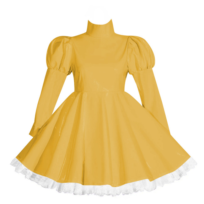 Wetlook Lockable Turtleneck Short Dress Puff Sleeve High Waist Pleated Mini Dress Vinyl PVC Leather Outfits Rave Party Club Wear