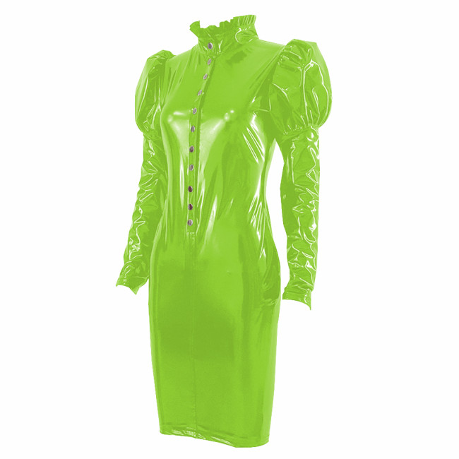 Elegant Glossy Women PVC Mini Dress Chic Ruffles High Neck Long Sleeve Buttons Bodycon Dresses Ladies Vinyl Leather Club Robe