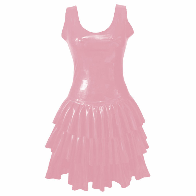 Womens PVC Patent Leather Multi-Layered Ruffled Mini Dress Club Sleeveless O-neck Wetlook Sundress Raves Party A-Line Tank Dress
