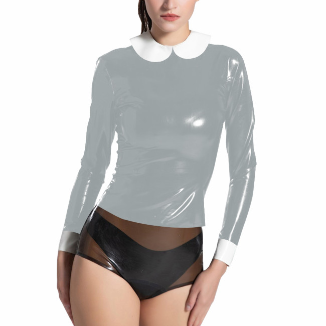 Chic Women's Peter Pan Collar Tops Glossy PVC Leather Contrast Long Sleeve Blouse Casual High Street Female T-shirts Clubwear