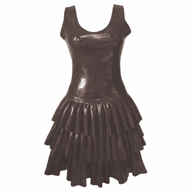 Womens PVC Patent Leather Multi-Layered Ruffled Mini Dress Club Sleeveless O-neck Wetlook Sundress Raves Party A-Line Tank Dress