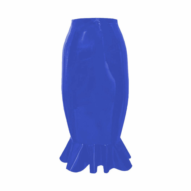 Latex-look PVC Leather Womens Fishtail Skirt Raves Party High Waisted Midi Skirt Sissy Nightclub Tight Hobble Skirt With Ruffles