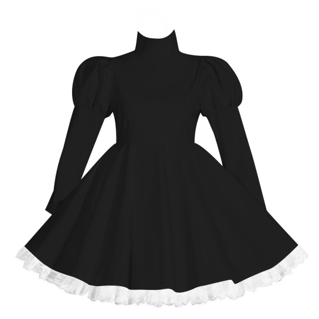 Wetlook Lockable Turtleneck Short Dress Puff Sleeve High Waist Pleated Mini Dress Vinyl PVC Leather Outfits Rave Party Club Wear