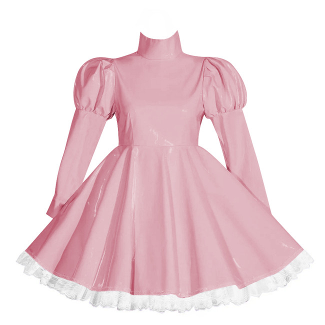 Wetlook Lockable Turtleneck Short Dress Puff Sleeve High Waist Pleated Mini Dress Vinyl PVC Leather Outfits Rave Party Club Wear