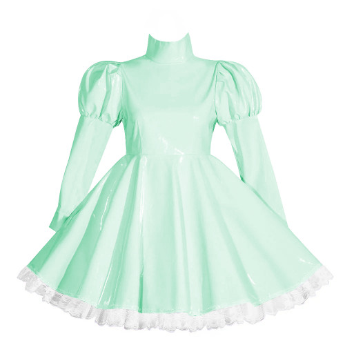 Wetlook Lockable Turtleneck Short Dress Puff Sleeve High Waist Pleated Mini Dress Vinyl PVC Leather Outfits Rave Party Club Wear